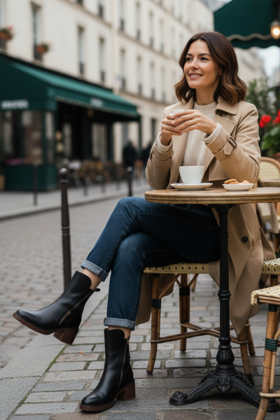 Valorine™ | Black Leather Ankle Boots with Comfortable Heel, Elegant and Timeless