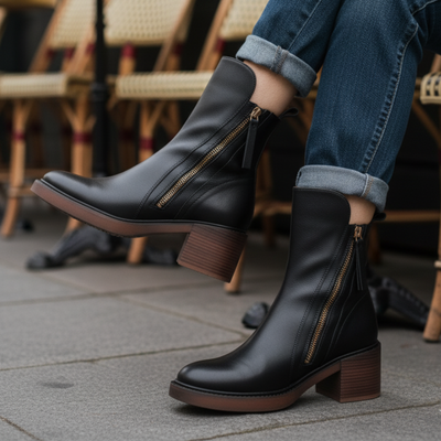 Valorine™ | Black Leather Ankle Boots with Comfortable Heel, Elegant and Timeless