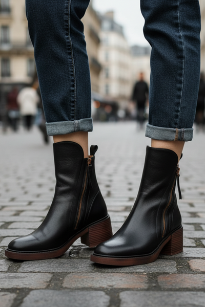 Valorine™ | Black Leather Ankle Boots with Comfortable Heel, Elegant and Timeless