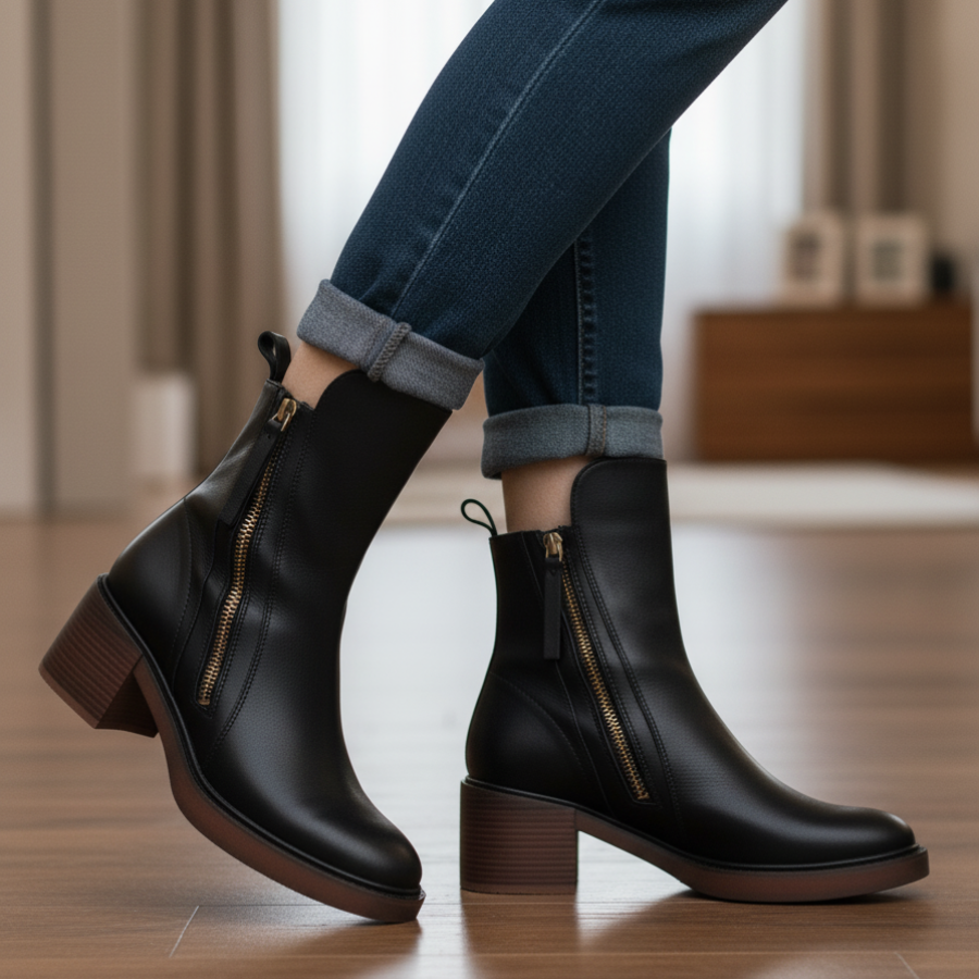 Valorine™ | Black Leather Ankle Boots with Comfortable Heel, Elegant and Timeless