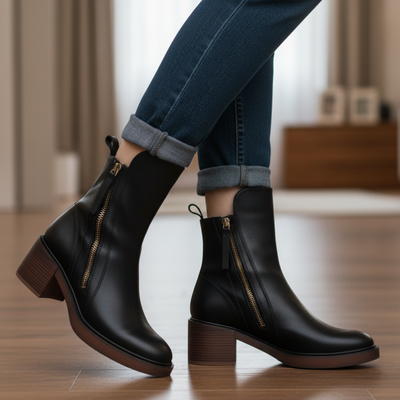 Valorine™ | Black Leather Ankle Boots with Comfortable Heel, Elegant and Timeless