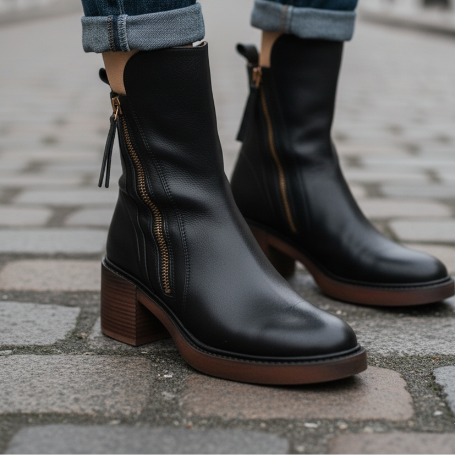Valorine™ | Black Leather Ankle Boots with Comfortable Heel, Elegant and Timeless
