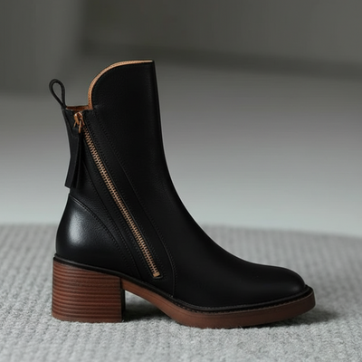 Valorine™ | Black Leather Ankle Boots with Comfortable Heel, Elegant and Timeless
