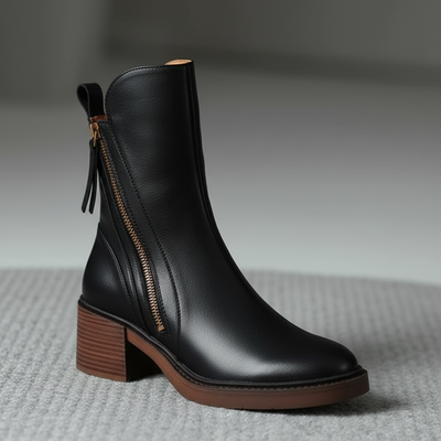 Valorine™ | Black Leather Ankle Boots with Comfortable Heel, Elegant and Timeless