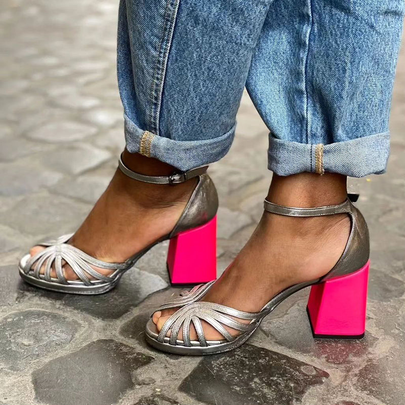 Naelle™ | Shiny sandals with chunky heel and refined buckle for an elegant style